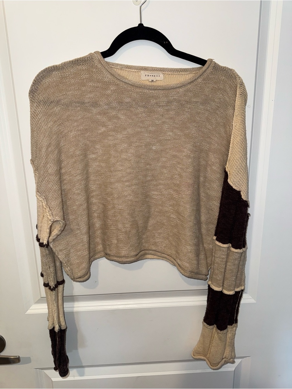 Promesa Cropped Beige Sweater with Brown Block Sleeves